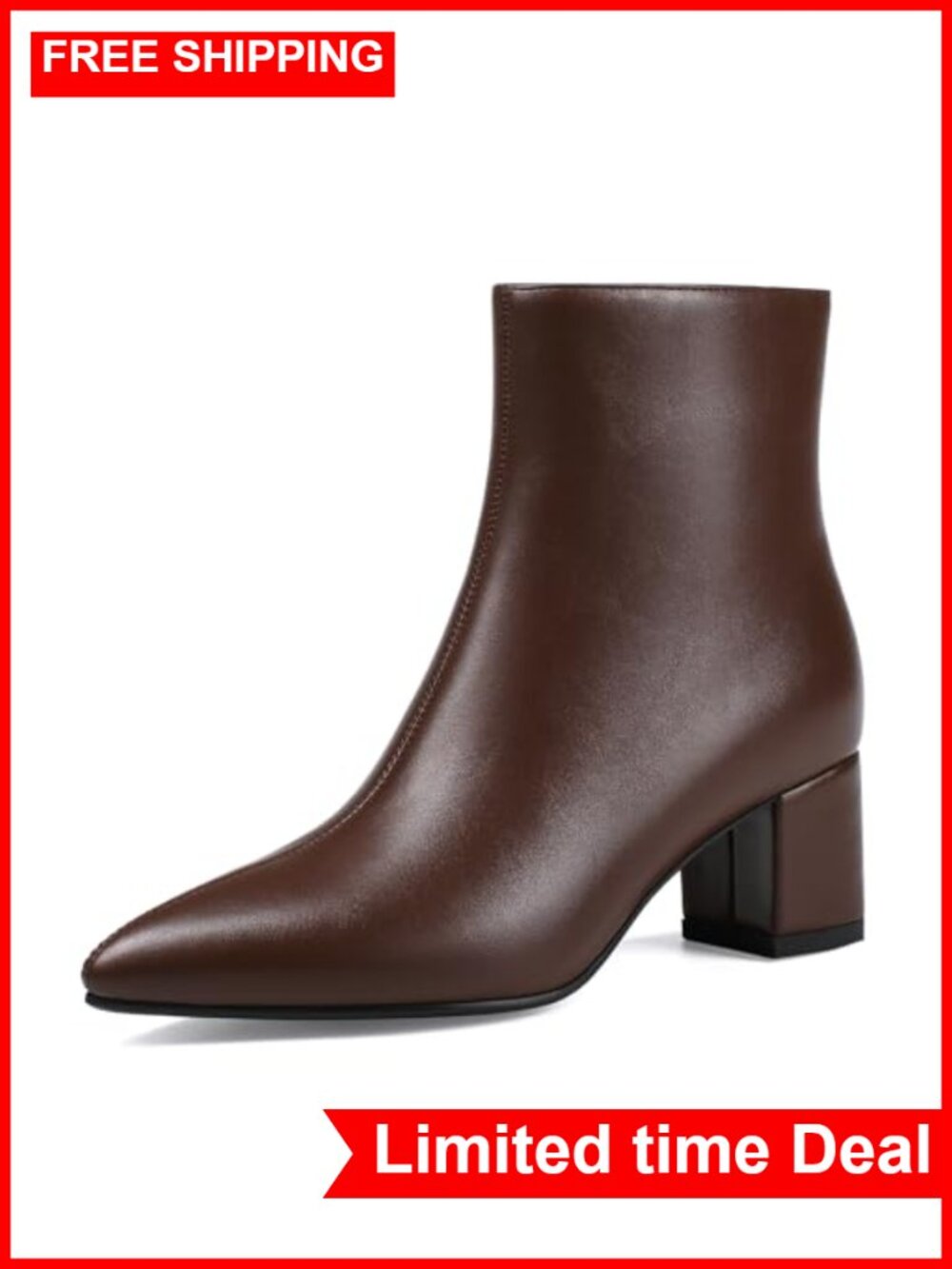 Women's Pointed Toe Ankle Bootie Chunky Block Low Heel Matte Leather